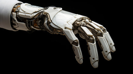 Robot mechanical arm or hand on black background. Futuristic cyborg concept.の素材