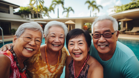 Senior friends by hotel pool. Active holiday fun, fitness and longevityの素材