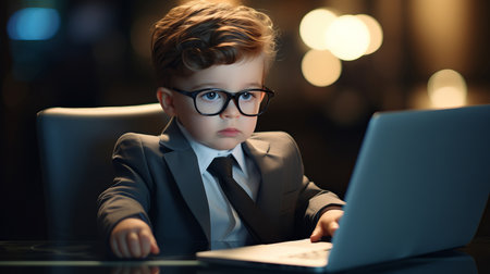 Toddler boy dressed as a business man. Young boy with a laptop computer.の素材