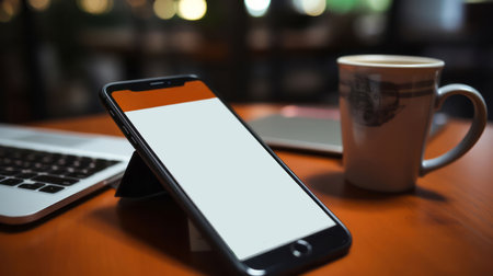 Point of view shot, hand holding smartphone.Clear screen, template.の素材