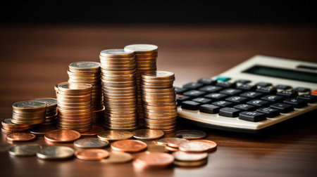Coins on table with calculator. Stock, financial market concept.の素材