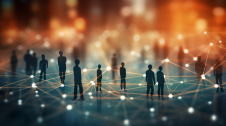View of a crowd with a network of connections. Big data, smart city, wifi concept.の素材