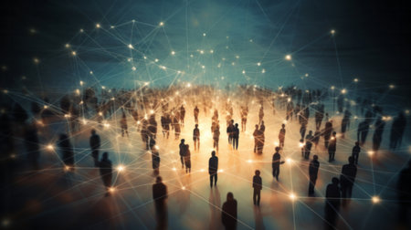View of a crowd with a network of connections. Big data, smart city, wifi concept.の素材