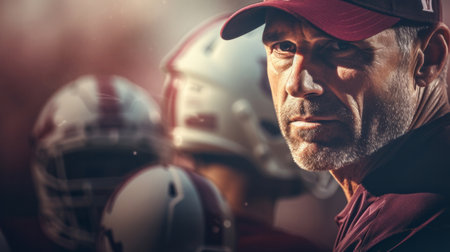 Football coach discussing strategy with players together. Professional instructing, teaching conceptの素材