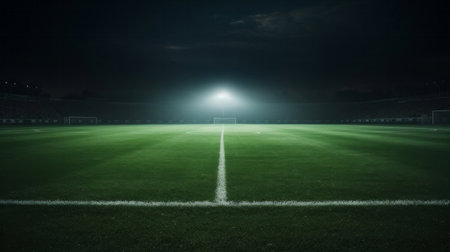 Stadium lights on empty green grass field. Football, soccer sport game copyspace backgroundの素材