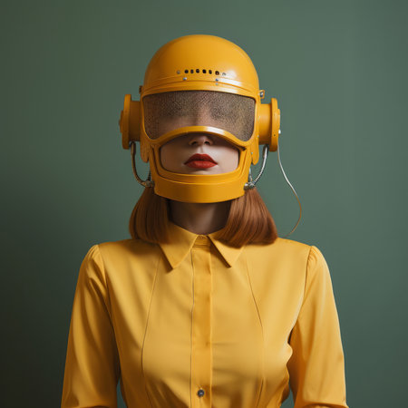 ai feminine humanoid model. Editorial fashion posing against green backdrop.の素材