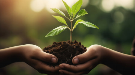 Close Up Plant in hands. Care of the Environment. Sustainability conceptの素材