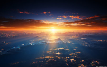 Aerial shot of sun rise over earth. Golden hour concept.の素材