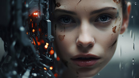 Close up of futuristic, robotic humanoid. Human face with mechanical sci-fi dystopia.の素材