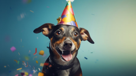 Portrait of a cute dog wearing a party hat for birthday celebrationの素材