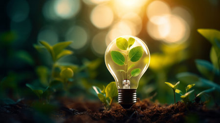 Green eco friendly lightbulb. Environmental Sustainability, Green energy and Earth Dayの素材