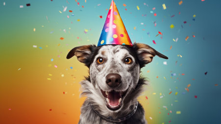 Portrait of a cute dog wearing a party hat for birthday celebrationの素材