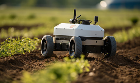 Futuristic robot working in field. Smart eco farming and digital innovation in agriculture.の素材