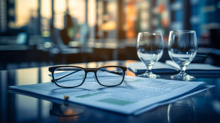 Glasses on table with financial documents. City background. Stock market concept.の素材