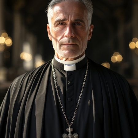 Portrait of senior priest.Wearing clergy collar. Serious face. Religion concept.Portrait of seniorの素材