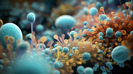 Close up of bacteria and virus cells. Biology, Science medicine backgroundの素材
