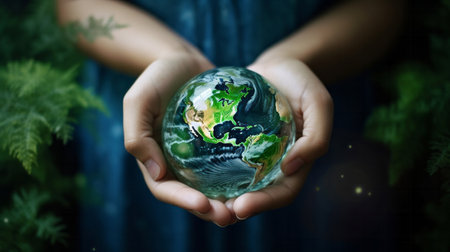 Close Up Earth in hands. Care of the Environment and planet. Sustainability and Earth Dayの素材