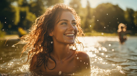Young women swimming in lake. Warm summers day. Sun flare reflecting on water.Young women swimmingの素材