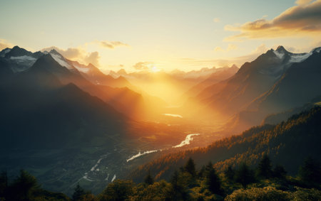 Sunrise on beautiful mountain peaks. Golden Hour. Landscape, travel hiking concept.の素材