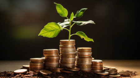 Plants growing on a pile of coins. Finance, banking and investment concept.の素材