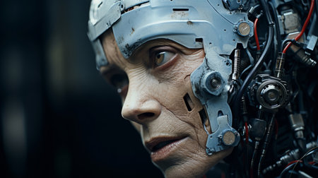 Futuristic android, robot portrait. Cyber mechanical bot Ai programmed in dystopian city.の素材