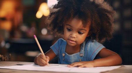 Portrait of a toddler girl sitting at a desk at kindergarten. Preschool and eductionの素材