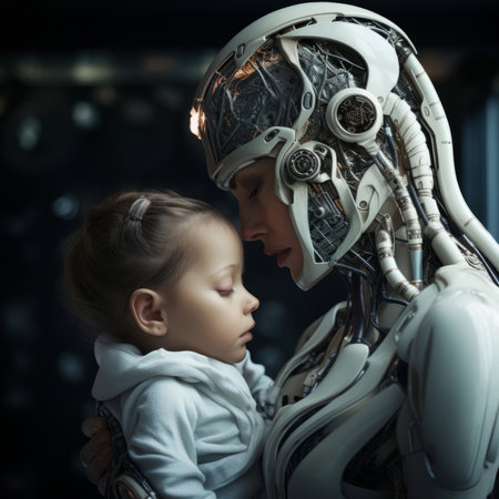 Robotic android mother holding human baby.Futuristic love, man and machine.の素材