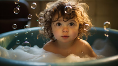 Smiling toddler bathes in bathtub with foam and bubbles. Happy baby bath timeの素材