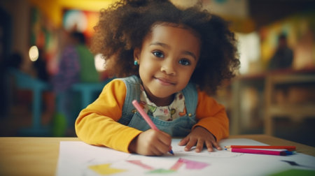 Portrait of a toddler girl sitting at a desk at kindergarten. Preschool and eductionの素材