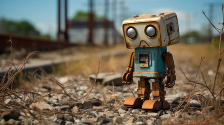 Portrait of vintage robot near railway. Photo-realistic urban scenes.の素材