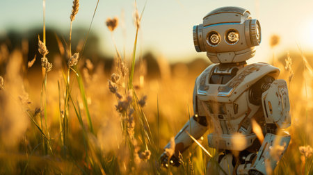 Robot walking in field, auto technology in modern agriculture concept.の素材