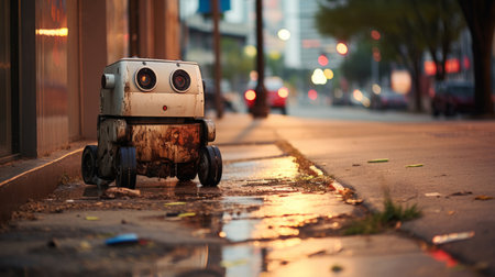 Portrait of rusty vintage robot in street. Photo-realistic urban scenes.の素材