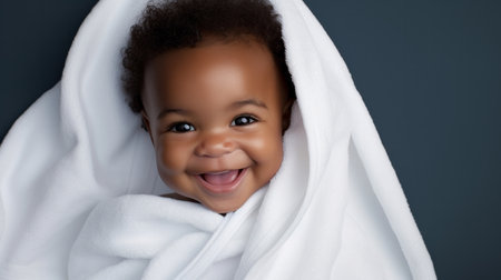 Portrait of a happy baby wrapped in a towel or blanket. Toddler smiling after bath timeの素材