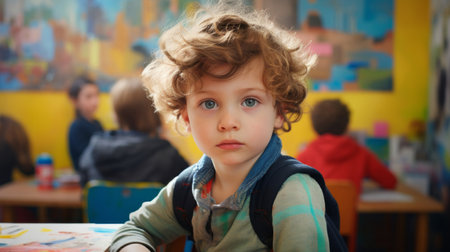 Portrait of a toddler boy sitting at a desk at kindergarten. Preschool and eductionの素材