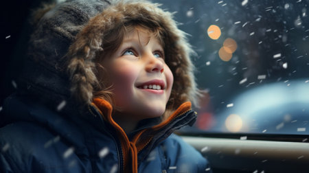 Toddler child cheerfully looking up at falling snow in winter or christmas seasonの素材