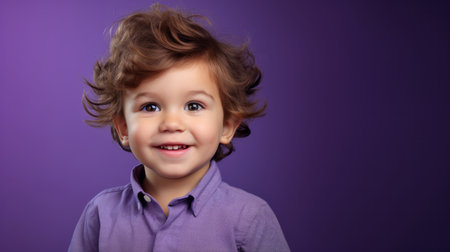Portrait of a toddler posing against a purple background. happy smiling boyの素材
