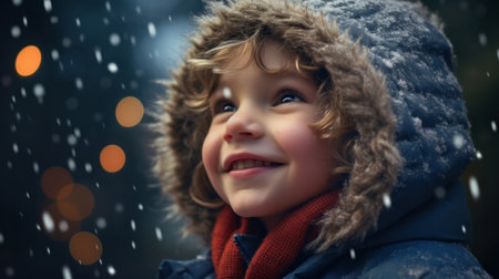 Toddler child cheerfully looking up at falling snow in winter or christmas seasonの素材