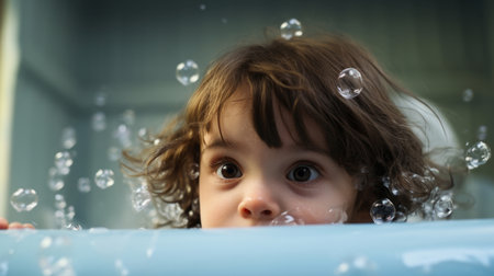 Toddler bathes in bathtub with foam and bubbles. Happy baby bath timeの素材