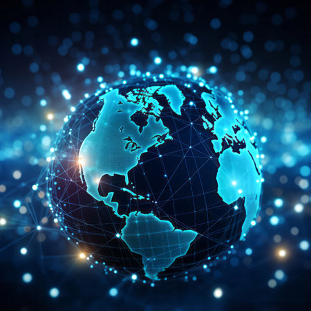 Hologram digital globe. American continent. Connecting lines and dots.の素材