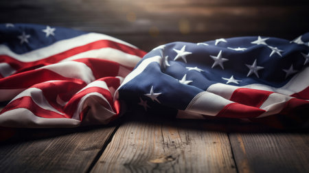 American flag on wooden table. Patriotic symbolism. Memorial day concept.の素材