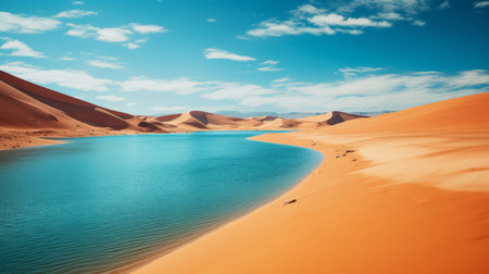 Crystal clear lake in desert area. Sand hills and blue sky. Oasis, tourism concept.の素材