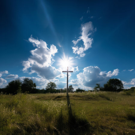 Silhouette of christian cross on a grass field. Sunset, cloudy blue sky. Religion concept.の素材