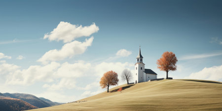 Wide angle view of church in remote hills. Religion concept.の素材