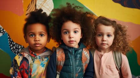 Portrait of diverse toddlers posing against a colorful wall at kindergarten or preschoolの素材