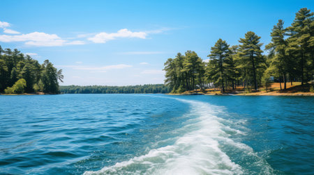 Point of view shot of boat trail on crystal clear lake. Vacation, summer, travel concept.Point ofの素材