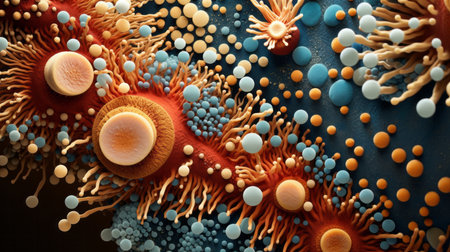 Close up of bacteria and virus cells. Biology, Science medicine backgroundの素材