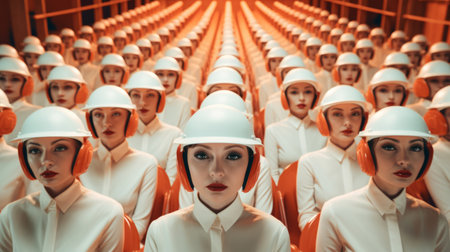 Group of emotionless female soldiers in uniform standing in rows looking at cameraの素材