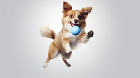 Portrait of dog catching ball on grey background. Dog leaping or jumping in airの素材