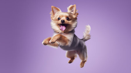 Portrait of jumping happy dog. Leaping excited pose on flat purple backgroundの素材