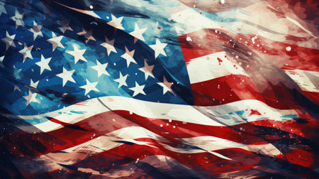 Waving American flag illustrated in grungy style. Background, wallpaper concept.の素材